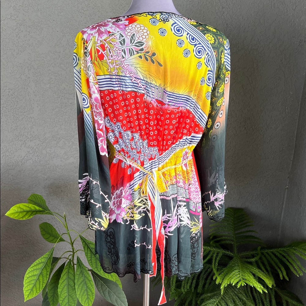 Mushka by Sienna Rose Tunic Top - Tag Size L Vibrant Asian & Floral Chiffon - Picture 3 of 9
